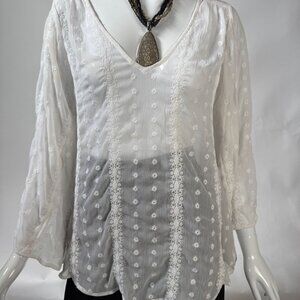 Nicole By Nicole Miller White Sheer Embroidered Long Sleeve Blouse Womens M/M